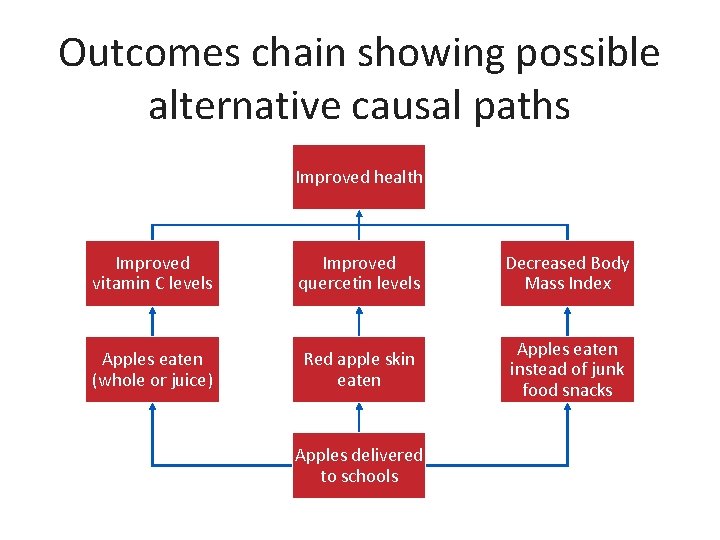 Outcomes chain showing possible alternative causal paths Improved health Improved vitamin C levels Improved
