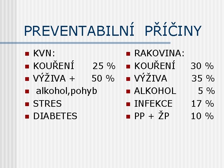 PREVENTABILNÍ PŘÍČINY n n n KVN: KOUŘENÍ 25 % VÝŽIVA + 50 % alkohol,
