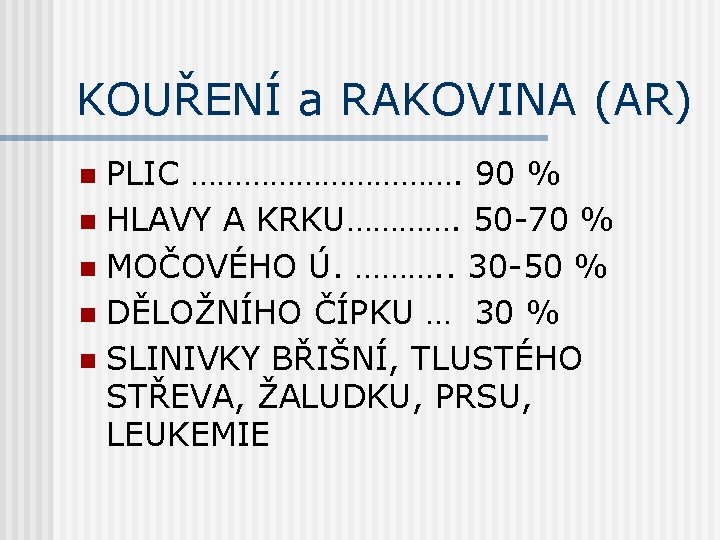 KOUŘENÍ a RAKOVINA (AR) PLIC ……………. 90 % n HLAVY A KRKU…………. 50 -70