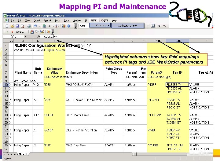 Mapping PI and Maintenance Highlighted columns show key field mappings between PI tags and