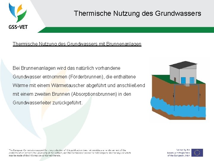 Thermische Nutzung des Grundwassers mit Brunnenanlagen Bei Brunnenanlagen wird das natürlich vorhandene Grundwasser entnommen