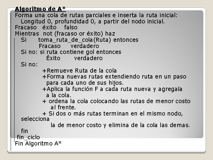 Algoritmo de A* Forma una cola de rutas parciales e inserta la ruta inicial: