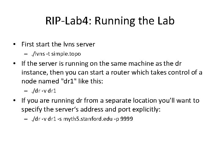 RIP-Lab 4: Running the Lab • First start the lvns server –. /lvns -t