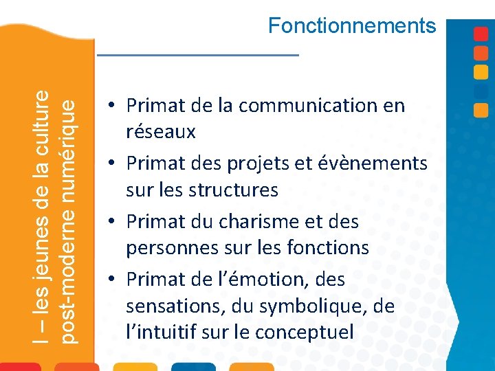 I – les jeunes de la culture post-moderne numérique Fonctionnements • Primat de la