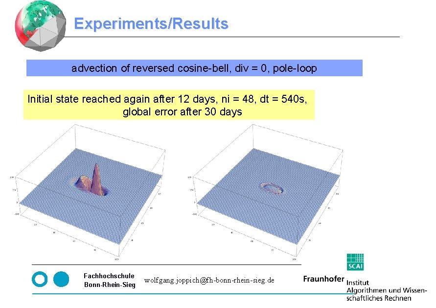 Experiments/Results advection of reversed cosine-bell, div = 0, pole-loop Initial state reached again after Experiments/Results advection of reversed cosine-bell, div = 0, pole-loop Initial state reached again after