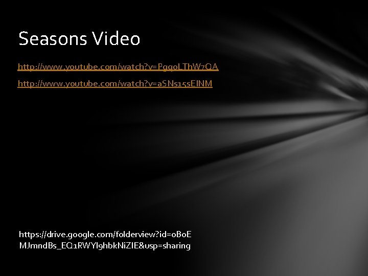 Seasons Video http: //www. youtube. com/watch? v=Pgq 0 LTh. W 7 QA http: //www.