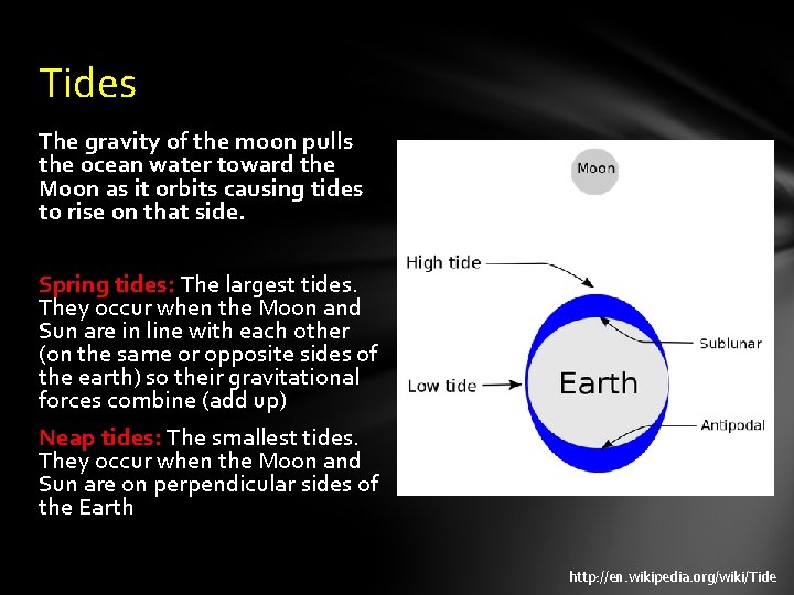 Tides The gravity of the moon pulls the ocean water toward the Moon as