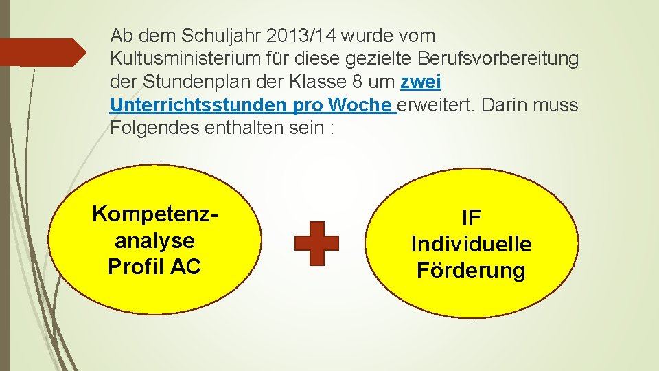 Ab dem Schuljahr 2013/14 wurde vom Kultusministerium für diese gezielte Berufsvorbereitung der Stundenplan der