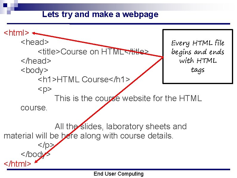 Lets try and make a webpage <html> <head> Every HTML file begins and ends