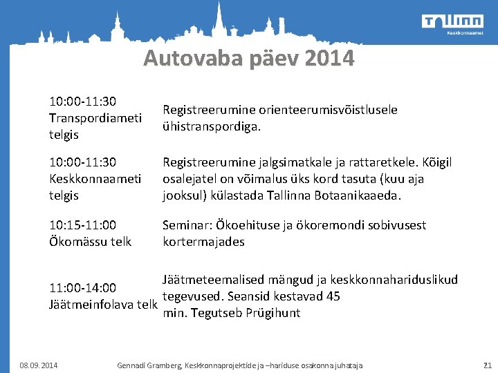 Autovaba päev 2014 10: 00 -11: 30 Transpordiameti telgis Registreerumine orienteerumisvõistlusele ühistranspordiga. 10: 00