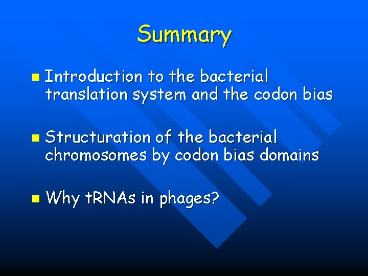 Summary n n n Introduction to the bacterial translation system and the codon bias