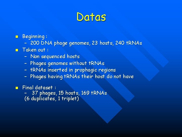 Datas n n n Beginning : – 200 DNA phage genomes, 23 hosts, 240
