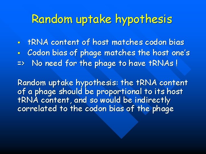 Random uptake hypothesis t. RNA content of host matches codon bias § Codon bias