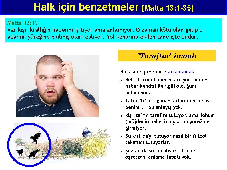 Halk için benzetmeler (Matta 13: 1 -35) Matta 13: 19 Var kişi, krallığın haberini