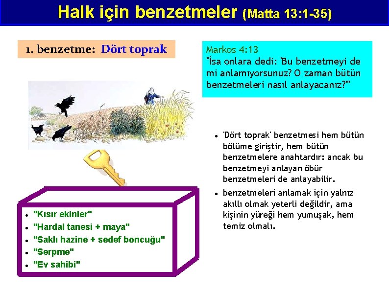 Halk için benzetmeler (Matta 13: 1 -35) 1. benzetme: Dört toprak Markos 4: 13