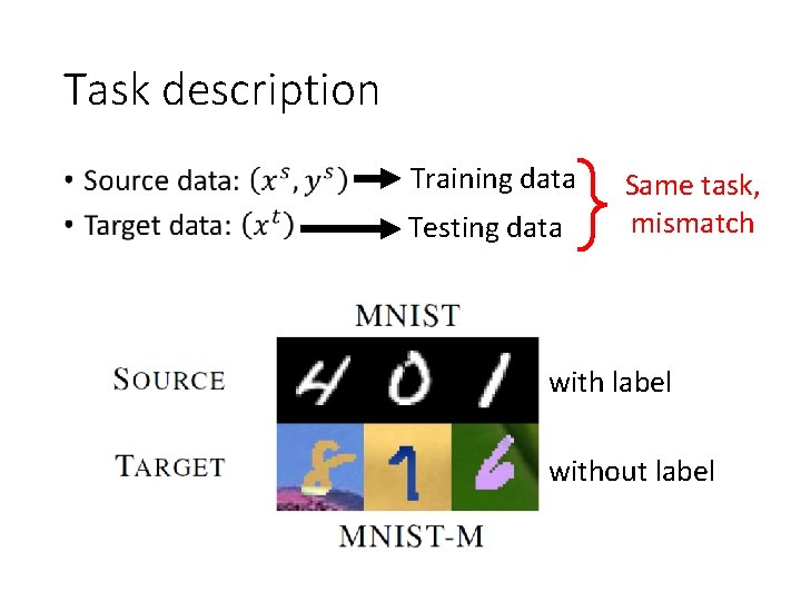 Task description • Training data Testing data Same task, mismatch with label without label Task description • Training data Testing data Same task, mismatch with label without label