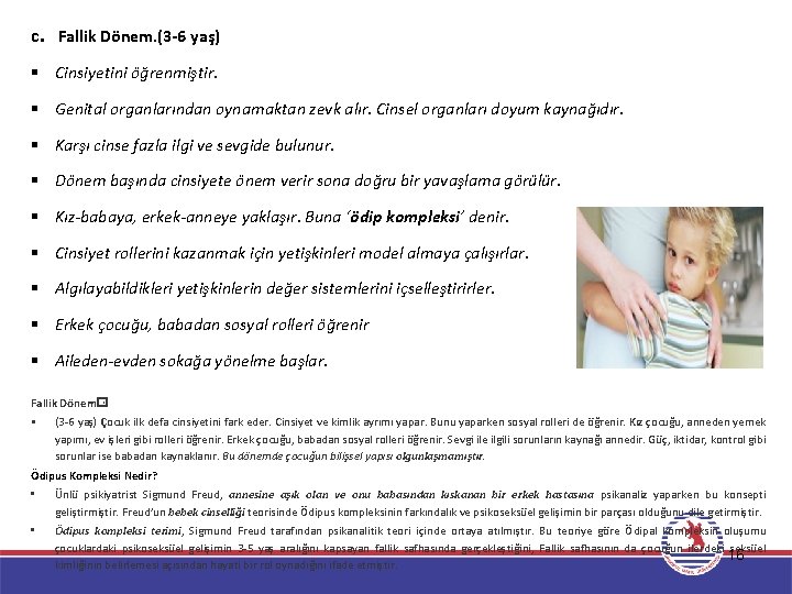 c. Fallik Dönem. (3 -6 yaş) § Cinsiyetini öğrenmiştir. § Genital organlarından oynamaktan zevk