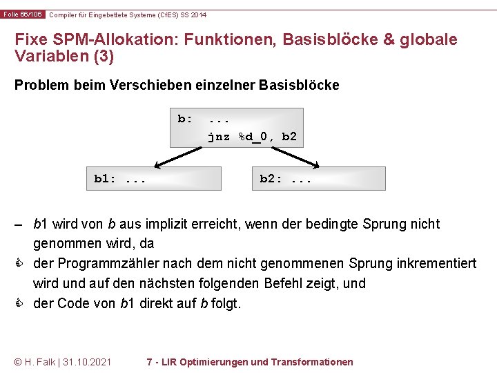 Folie 66/106 Compiler für Eingebettete Systeme (Cf. ES) SS 2014 Fixe SPM-Allokation: Funktionen, Basisblöcke