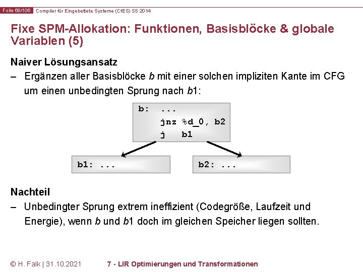 Folie 68/106 Compiler für Eingebettete Systeme (Cf. ES) SS 2014 Fixe SPM-Allokation: Funktionen, Basisblöcke