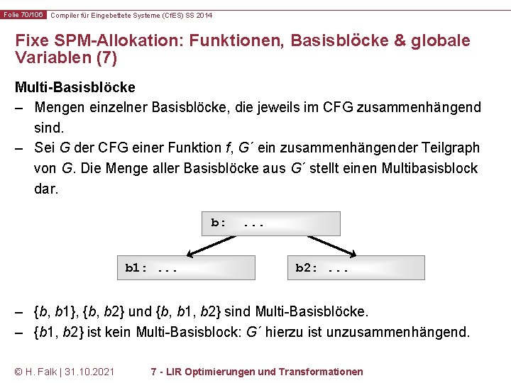 Folie 70/106 Compiler für Eingebettete Systeme (Cf. ES) SS 2014 Fixe SPM-Allokation: Funktionen, Basisblöcke