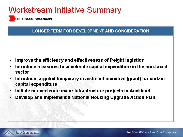 Workstream Initiative Summary 5. Business Investment LONGER TERM FOR DEVELOPMENT AND CONSIDERATION • Improve