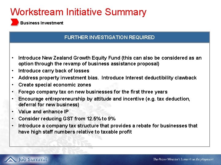 Workstream Initiative Summary 5. Business Investment FURTHER INVESTIGATION REQUIRED • Introduce New Zealand Growth