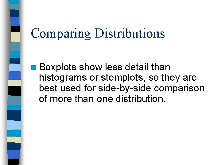 Comparing Distributions n Boxplots show less detail than histograms or stemplots, so they are