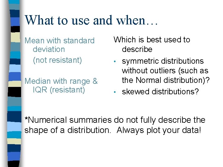 What to use and when… Mean with standard deviation (not resistant) Median with range