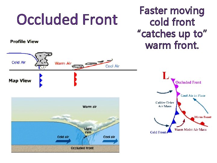 Occluded Front Faster moving cold front “catches up to” warm front. 