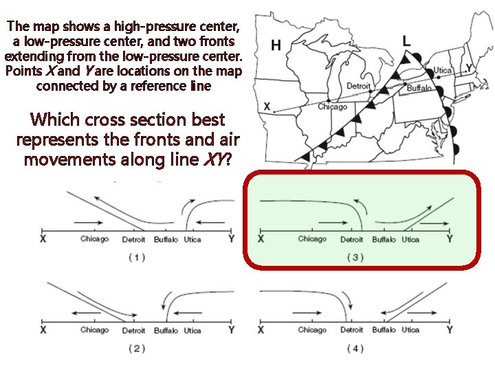 The map shows a high-pressure center, a low-pressure center, and two fronts extending from
