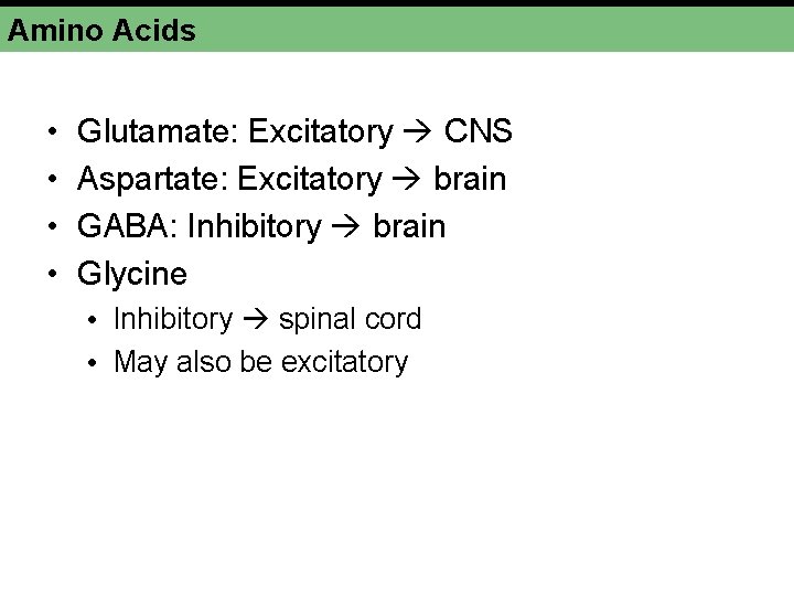Amino Acids • • Glutamate: Excitatory CNS Aspartate: Excitatory brain GABA: Inhibitory brain Glycine