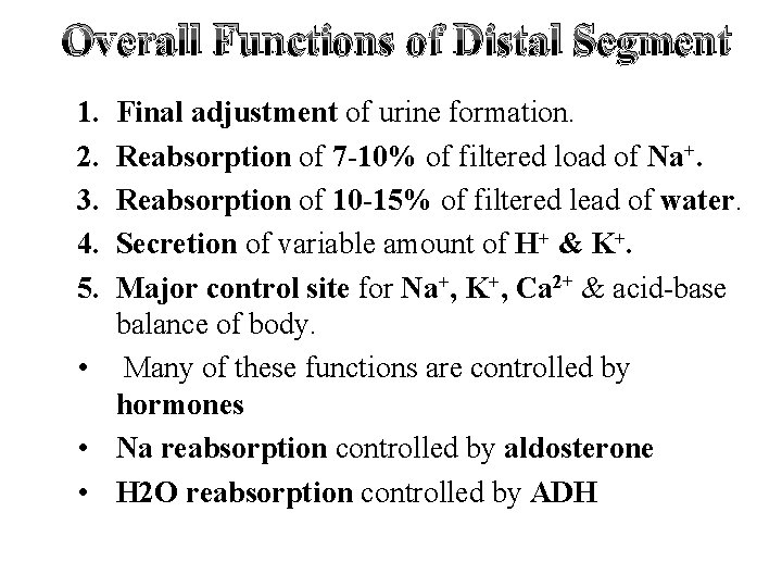 Overall Functions of Distal Segment 1. 2. 3. 4. 5. Final adjustment of urine