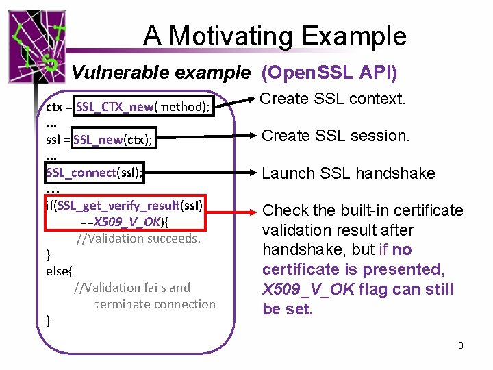A Motivating Example Vulnerable example (Open. SSL API) ctx = SSL_CTX_new(method); . . .