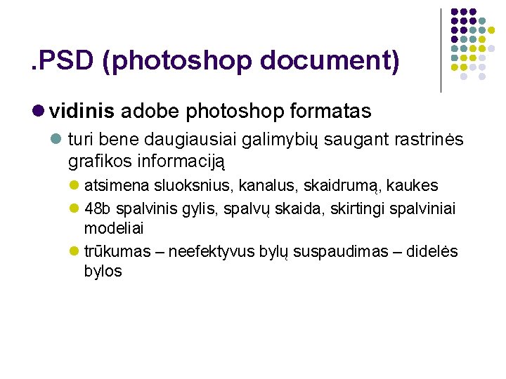 . PSD (photoshop document) vidinis adobe photoshop formatas turi bene daugiausiai galimybių saugant rastrinės