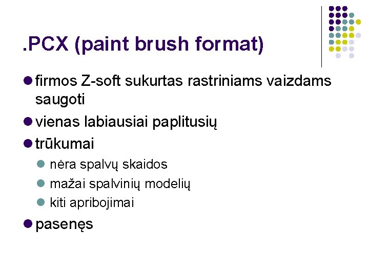 . PCX (paint brush format) firmos Z-soft sukurtas rastriniams vaizdams saugoti vienas labiausiai paplitusių