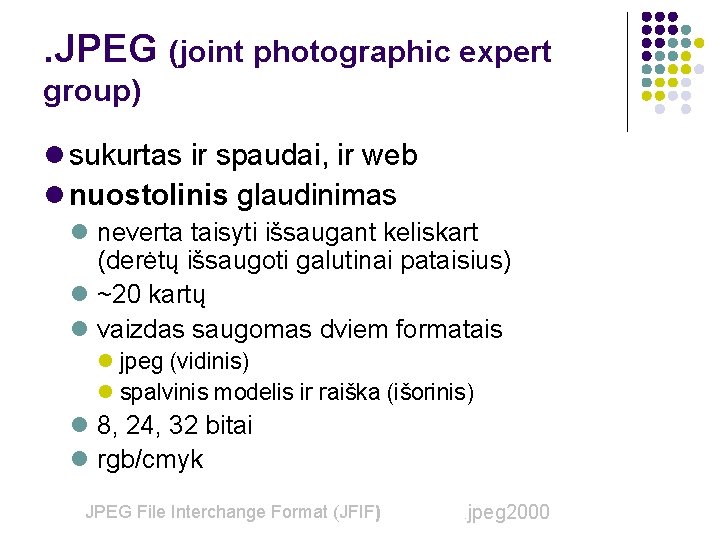 . JPEG (joint photographic expert group) sukurtas ir spaudai, ir web nuostolinis glaudinimas neverta