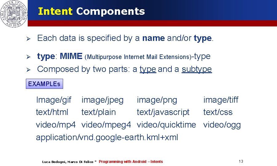 Intent Components Each data is specified by a name and/or type: MIME (Multipurpose Internet