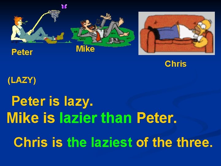 Peter Mike Chris (LAZY) Peter is lazy. Mike is lazier than Peter. Chris is