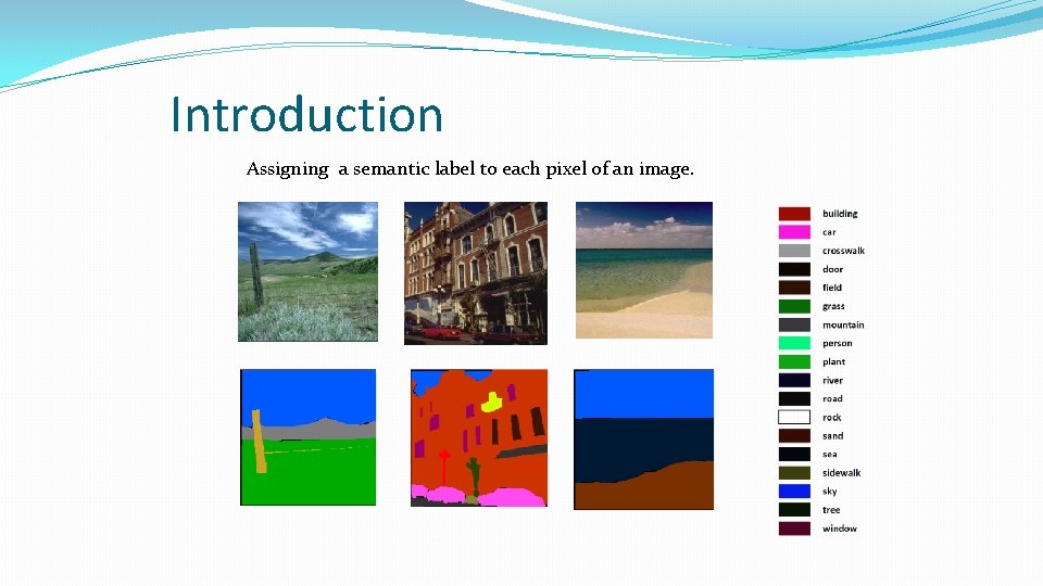 Introduction Assigning a semantic label to each pixel of an image. 