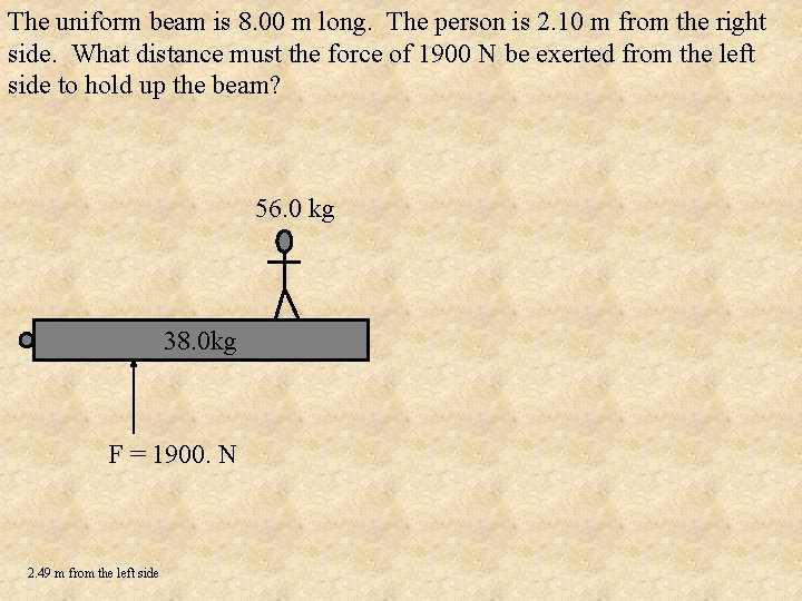 The uniform beam is 8. 00 m long. The person is 2. 10 m