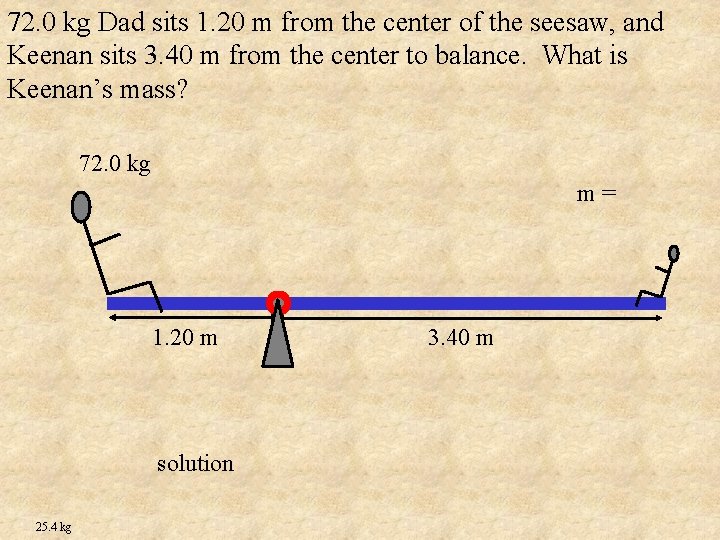 72. 0 kg Dad sits 1. 20 m from the center of the seesaw,