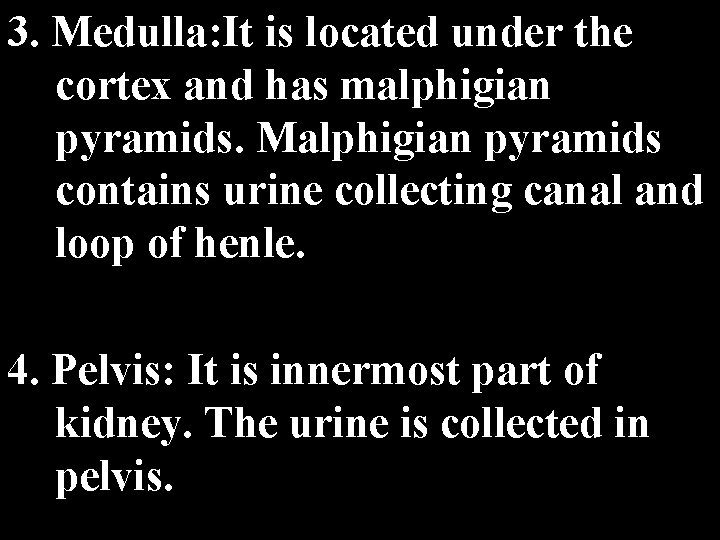 3. Medulla: It is located under the cortex and has malphigian pyramids. Malphigian pyramids