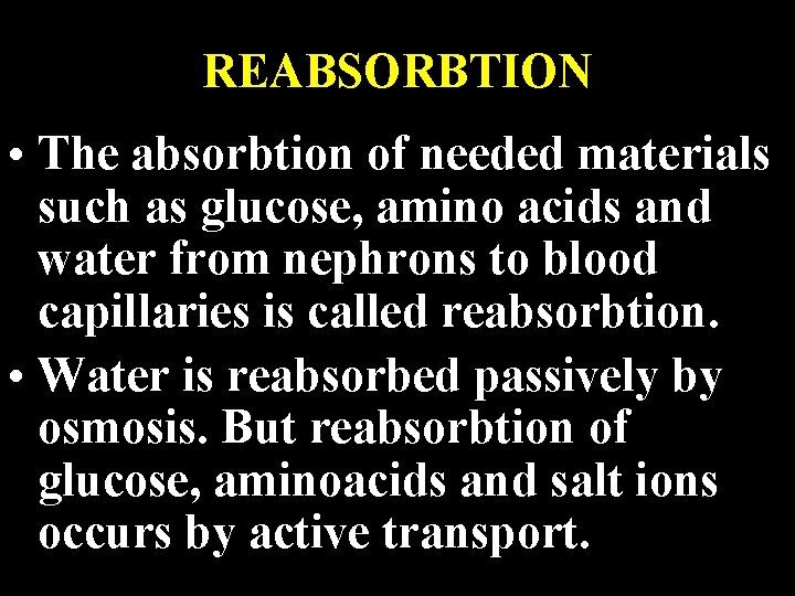 REABSORBTION • The absorbtion of needed materials such as glucose, amino acids and water