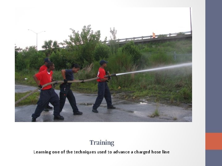 Training Learning one of the techniques used to advance a charged hose line 