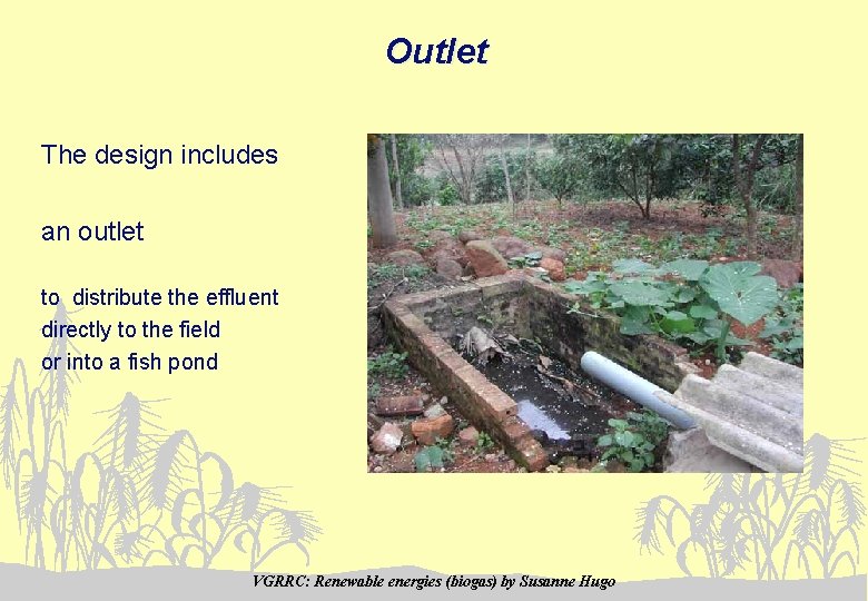 Outlet The design includes an outlet to distribute the effluent directly to the field