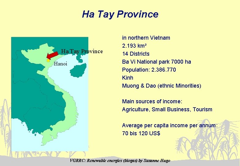 Ha Tay Province Hanoi in northern Vietnam 2. 193 km² 14 Districts Ba Vi