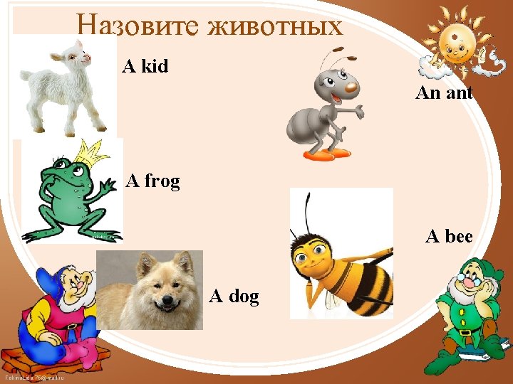 Назовите животных A kid An ant A frog A bee A dog Fokina. Lida.