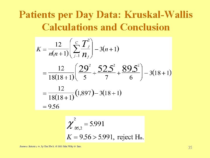 Patients per Day Data: Kruskal-Wallis Calculations and Conclusion Business Statistics, 4 e, by Ken