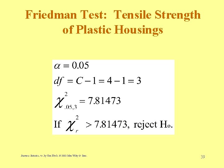 Friedman Test: Tensile Strength of Plastic Housings Business Statistics, 4 e, by Ken Black.