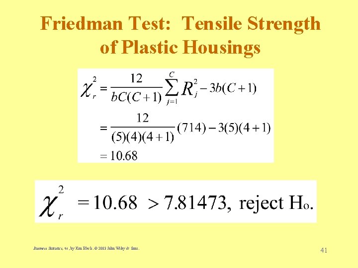 Friedman Test: Tensile Strength of Plastic Housings Business Statistics, 4 e, by Ken Black.